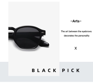 Detail shot of black retro square sunglasses showing frame texture and arm specs