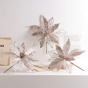 Artificial Christmas Poinsettia Flowers Glitter Mesh Floral Stems For Xmas Tree Ornaments Festive Home Decor