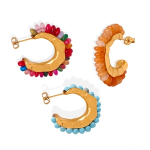 Bohemian C-shaped drop earrings with 18k gold plating and colorful bead accents