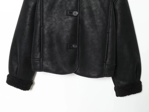 Detailed close-up of a black faux suede jacket with plush faux fur trim and round buttons
