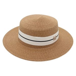Classic woven straw boater hat with white ribbon band and golden M letter detail