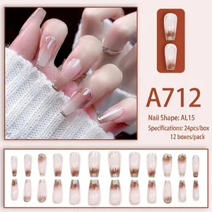 Pink and coffee gradient long coffin press-on nails with elegant gold-rimmed mirror edges