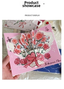 Gros plan d'une carte 3D avec des roses roses et un ruban rouge romantique élégant