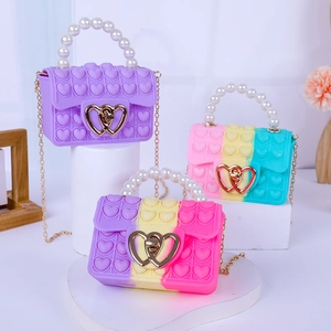 Kids silicone heart bubble crossbody bag with pearl handle and golden heart lock