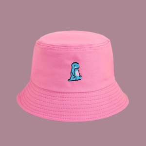 Pink cotton canvas bucket hat with cute blue dinosaur embroidery and wide brim for sun protection