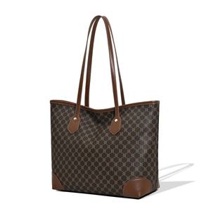 Retro geometric monogram tote bag with large capacity and brown leather handles