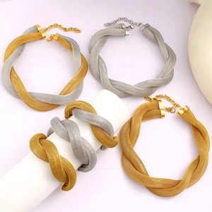 Chic woven mesh necklace and bracelet set in gold and silver stainless steel finish