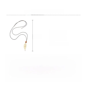 Detailed view of long leaf pendant necklace with dimensions and alloy material specs
