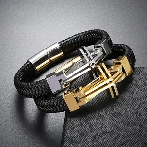 Men's double-layered braided leather cross bracelet in black, gold, and silver finishes