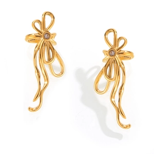 Golden bowknot ribbon earrings in titanium steel with sparkling center zircon crystal