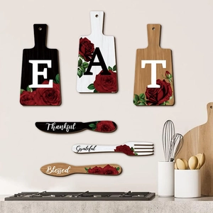 6-piece wooden kitchen wall art set featuring EAT signs and utensils with red rose motifs