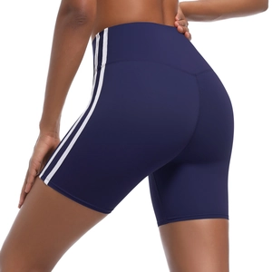 Women's high waist yoga shorts in navy blue with side stripes for gym and fitness