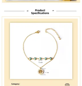 Detailed view of a gold double-layer anklet with turquoise beads and tree of life charm