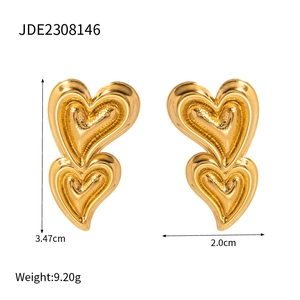 18K gold plated stainless steel double layered heart pendant earrings with liquid hammer texture