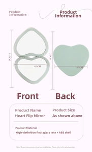 Detailed size chart of the heart-shaped folding mirror with dimensions and ABS material