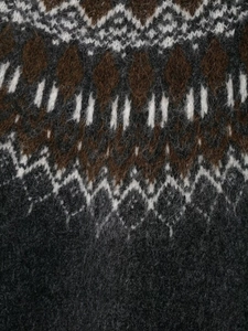Macro shot of dark grey jacquard knit sweater showing fuzzy wool texture and geometric pattern