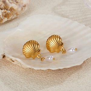 French vintage style gold shell earrings with elegant white teardrop pearl drops