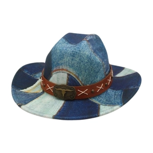 Western Cowboy Hat Retro Patchwork Denim With Leather Band Bull Skull Buckle Vintage Ethnic Style Travel Outdoor Wear