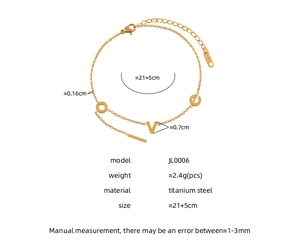 Detailed size specifications of gold titanium steel LOVE letter anklet with measurements