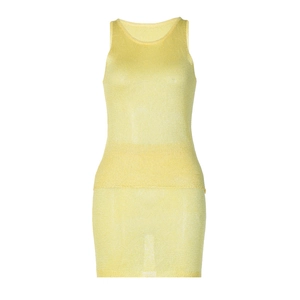 Women's two-piece yellow knit set featuring sleeveless tank top and mini skirt on white background