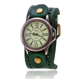Retro punk green leather cuff watch with bronze Roman numeral dial on white background