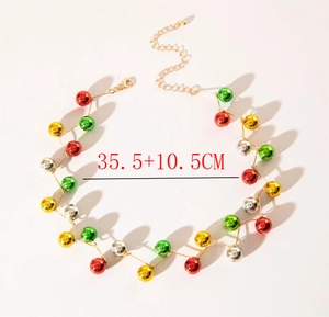 Detail shot of colorful beaded Christmas necklace with measurement 35.5 plus 10.5 cm