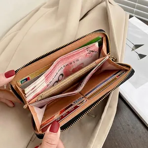 Women long zipper wallet in black PU leather with multiple slots and high capacity