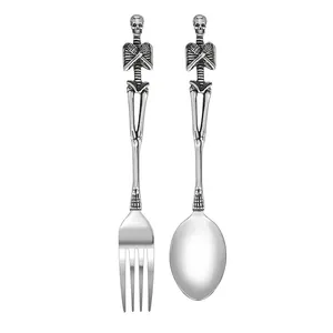 Gothic skull silverware set with skeleton handle spoon and fork in polished stainless steel