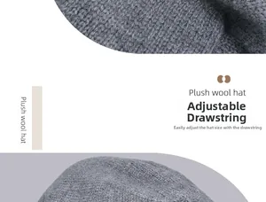 Detail of grey plush wool knit beanie with adjustable drawstring for head size adjustment