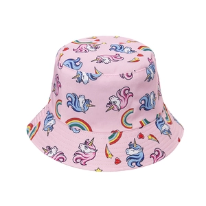Pink canvas bucket hat for girls featuring colorful unicorn and rainbow all-over prints