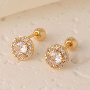 Classic golden halo stud earrings with round cubic zirconia and screw back closures