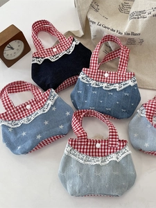 Petit Sac À Main Denim Poignées Vichy Bordure Dentelle Style Japonais Sac Fourre-Tout Pour Femmes Filles Accessoire Quotidien