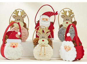 Detailed close-up of felt Christmas gift bags with Santa and reindeer designs and soft fur