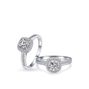 S925 sterling silver ring with square halo round zircon and pave-set diamond band