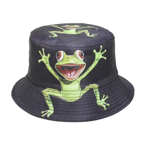 Black cotton bucket hat featuring a green cartoon frog with red eyes on a white background
