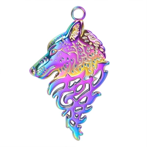 Detailed macro view of a colorful hollow wolf head pendant with rainbow vacuum plating