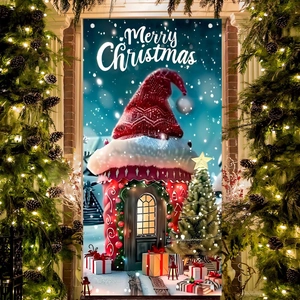 Vertical Merry Christmas garden flag with snow-covered house and lit tree for outdoor decor