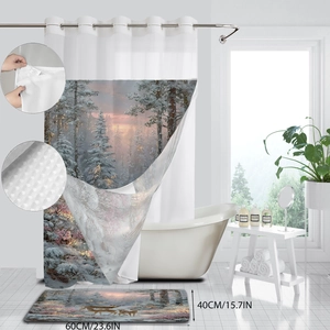 Detail of waterproof winter forest shower curtain and non-slip bath mat set with dimensions