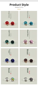 Macro display of 10mm faceted colorful glass buttons with metal loops in eight colors