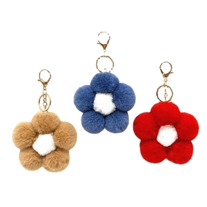 Cute creative plush flower ball keychains in brown blue and red for bags and cars