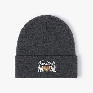 Dark grey knitted Football Mom beanie with a brown heart-shaped football embroidery