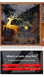 Detail of golden reindeer static window sticker with Merry Christmas text on glass