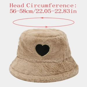 Detail of warm plush bucket hat showing heart patch and 56-58cm head circumference guide