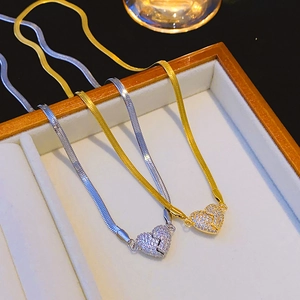Heart Pendant Necklace With Zirconia Copper Magnetic Split Charm And Titanium Steel Herringbone Chain Simple Clavicle Jewelry