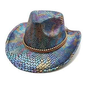 Iridescent sequin western cowboy hat with colorful scales and beaded band on white background