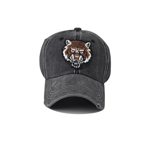 Distressed dark grey washed cotton baseball cap with tiger head embroidery for outdoor casual