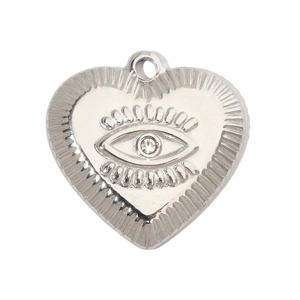 Detailed view of silver stainless steel heart pendant with evil eye and rhinestone detail