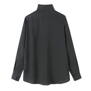 Women's black poplin shirt with long sleeves and lapel collar, back view on white background