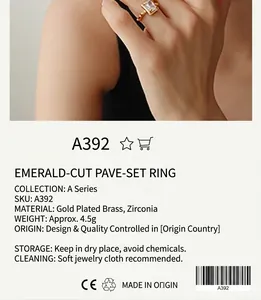 Detailed close-up of a 18K gold-plated geometric ring with rectangular zircon stone
