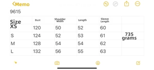 Size chart for hooded puffer jacket with chest, shoulder, and sleeve length measurements
